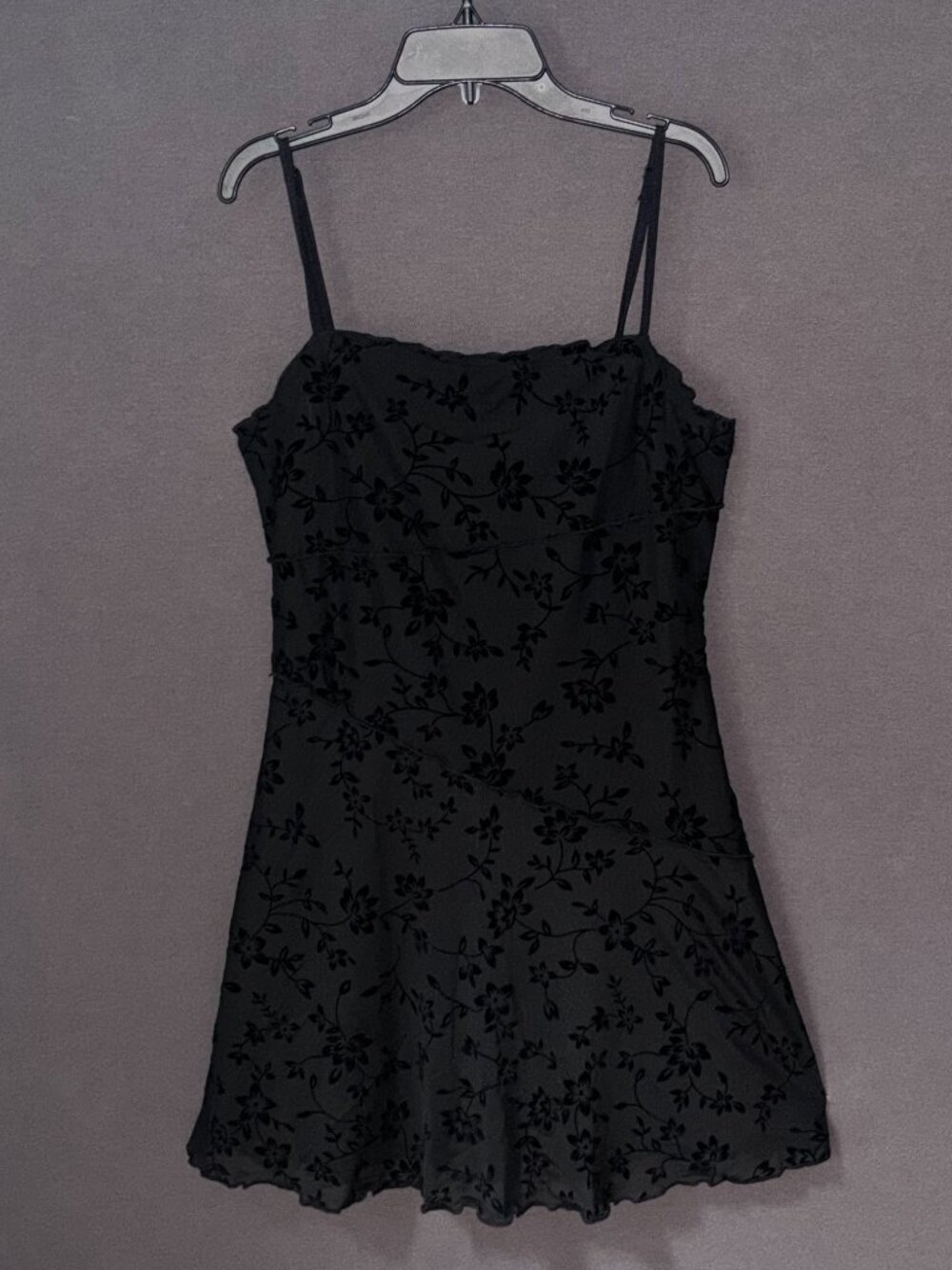 SHEIN Black Flocked Floral Mesh Square Neck Cami Mini Dress Fit and Flare M